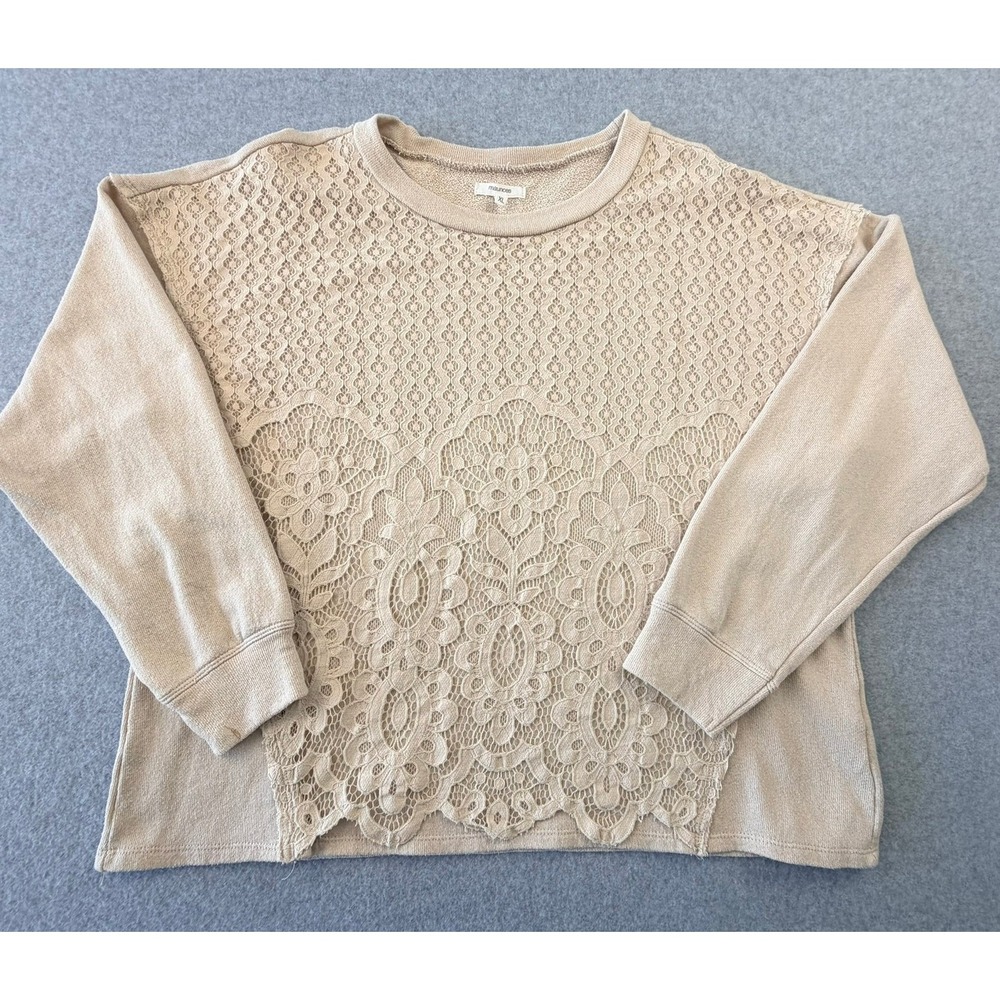Maurices Tan Beige Floral Lace Overlay Sweatshirt XL Long Sleeve French Terry